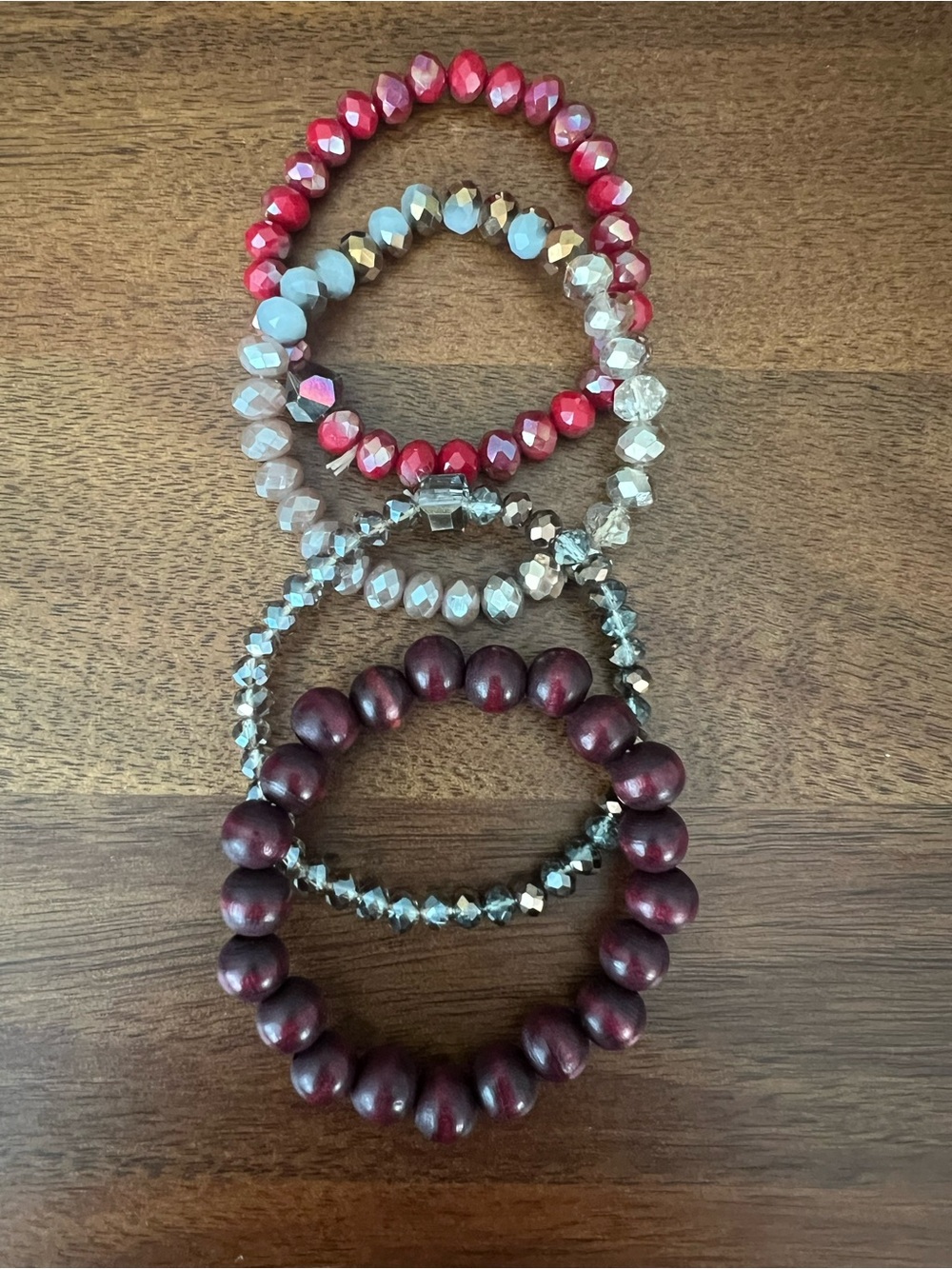 Set of Women's Red and Neutral Beaded Stretch Bracelets